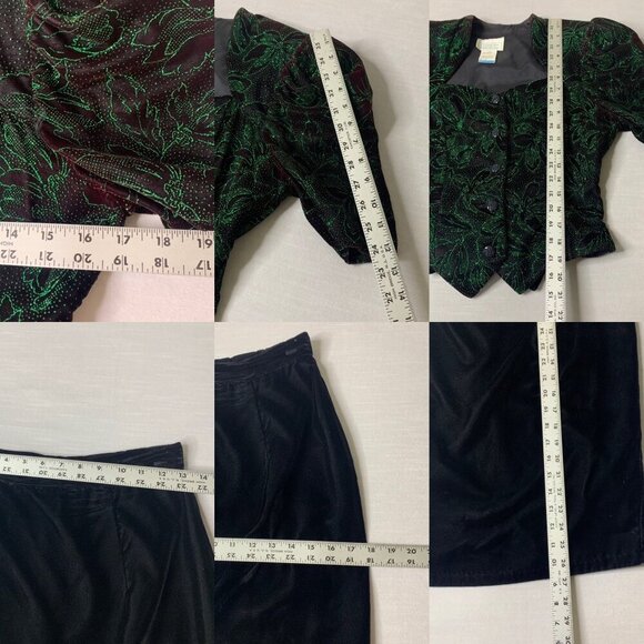 Vintage Jessica McClintock Gunne Sax Black Velvet Green Glitter 2 pc Skirt Set S - Picture 4 of 8